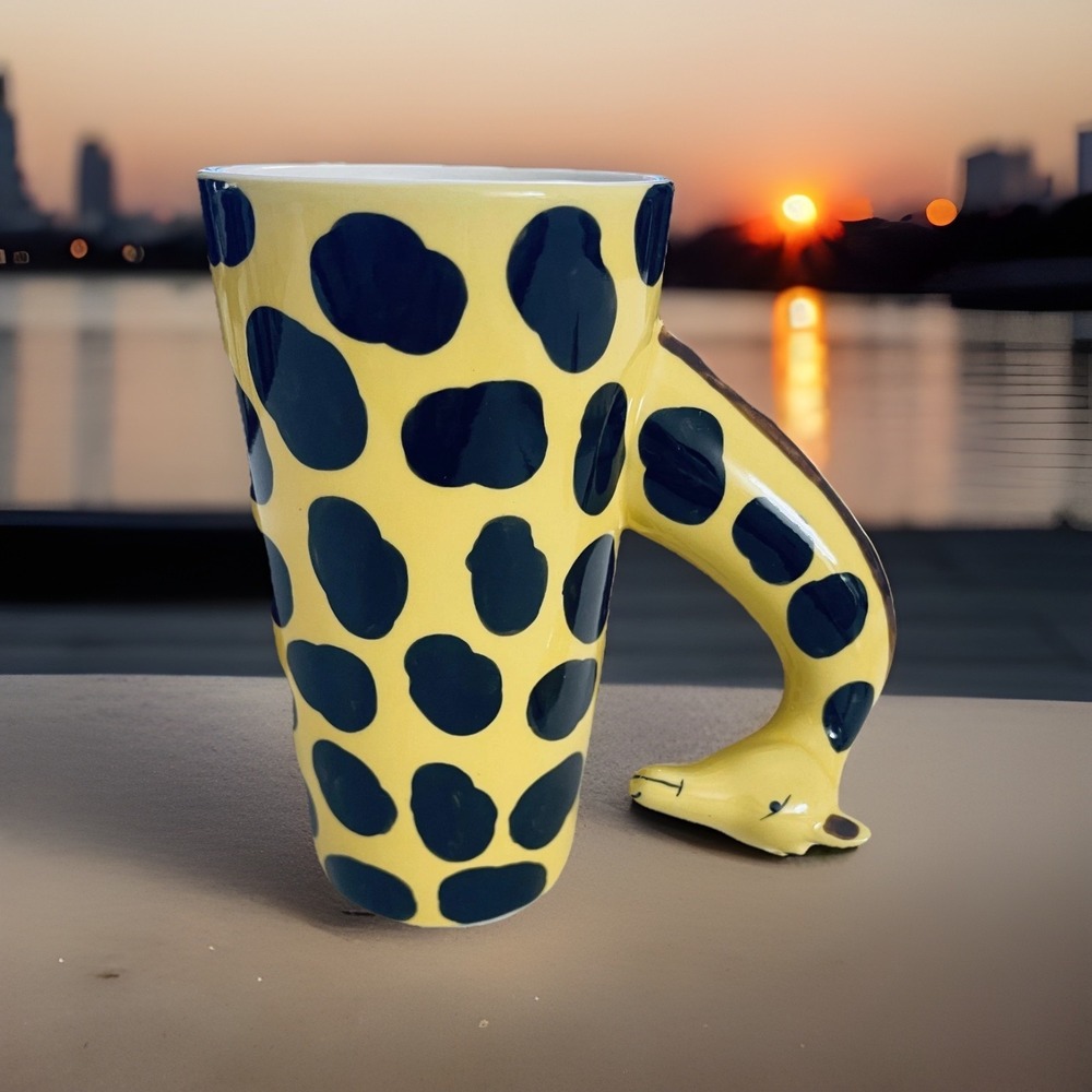 World Market Giraffe Handle Mug Yellow Ceramic Coffee Cup Animal Print Novelty